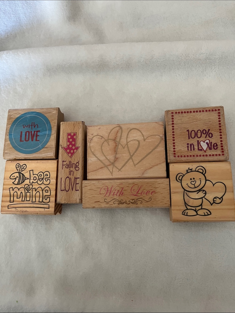 Valentine Wooden Stamp Set - Natural Wood with Pink & Blue Accents
